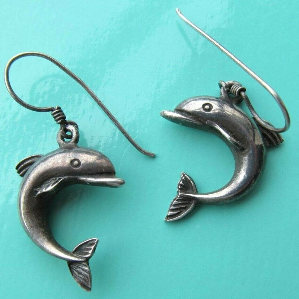 Sterling Leaping Dolphin Pierced Earrings signed